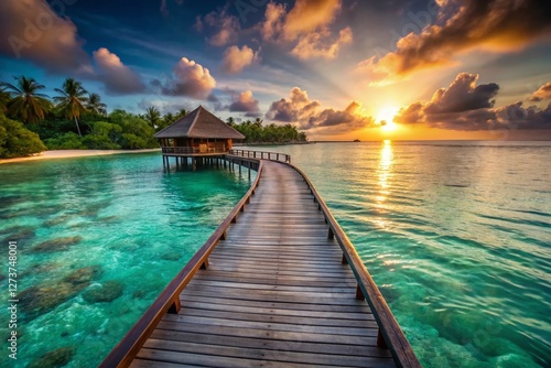 Maldives Paradise: Stunning Overwater Bungalow Pier at Sunset