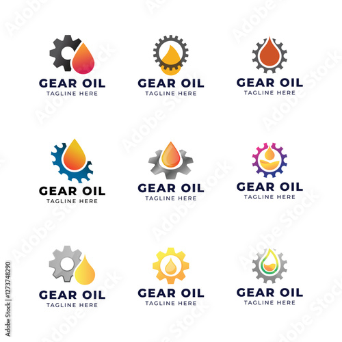 Set of Oil and gear icon logo design. Oil drop with cog wheel icon logo design.