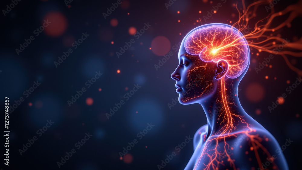 A detailed 3D rendering of a human head with brain activity highlighted by glowing red and orange lights. VNS (Vagus Nerve Stimulation) is depicted as the central theme. A detailed 3D rendering of a human head with brain activity highlighted by glowing red and orange lights. VNS (Vagus Nerve Stimulation) is depicted as the central theme.