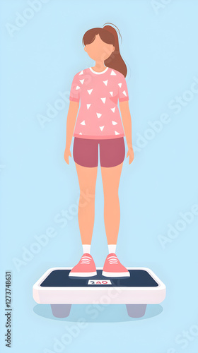 Playful girl on balance board in indoor gym - fun fitness illustration weight loss program