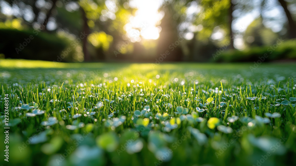 vibrant patch of fresh green grass with tiny clover leaves glistening in sunlight vibrant patch of fresh green grass with tiny clover leaves glistening in sunlight