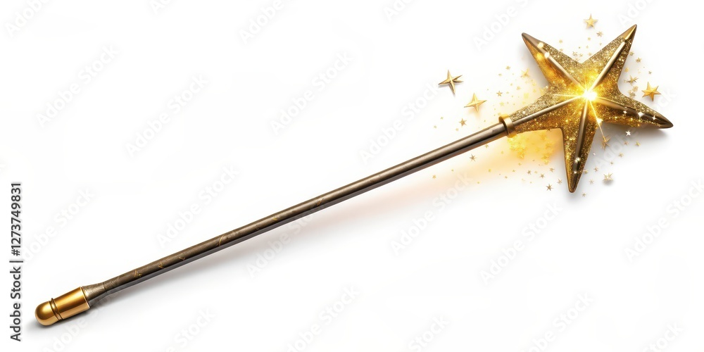 Golden Star Wand with Sparkling Dust on White Background Golden Star Wand with Sparkling Dust on White Background