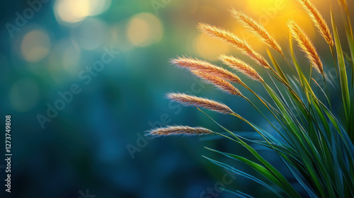 Delicate grass blades illuminated by soft sunlight, creating serene atmosphere