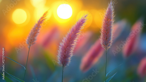 Delicate grass blades illuminated by sunset, creating serene atmosphere