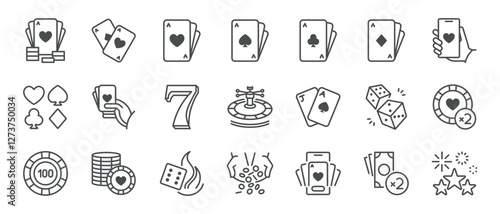 Casino and Poker Cards Icons. Set of minimal linear icons featuring playing cards, poker chips, roulette, dice, lucky seven, and winnings. Perfect for gambling and betting games designs. Vector.
