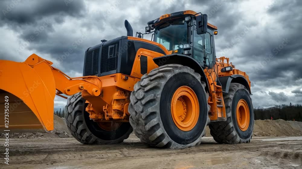 Heavy machinery operating on a construction site under a cloudy sky while preparing the ground for new development at sunset Heavy machinery operating on a construction site under a cloudy sky while preparing the ground for new development at sunset