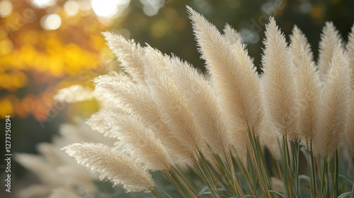 Soft pampas grass swaying gently in warm sunlight, creating serene atmosphere