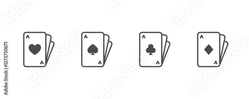 Poker Card Suits Icon Set. Thin Line Illustration of Fanned Playing Cards Featuring Heart, Spade, Club, and Diamond Aces for Gambling and Casino Games. Isolated Vector Symbols.