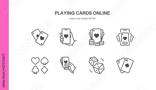 Online Casino Icons. Set of 8 minimal linear icons featuring playing cards, mobile gambling, poker chips, and dice. Perfect for online betting and gaming designs. Vector illustration.
