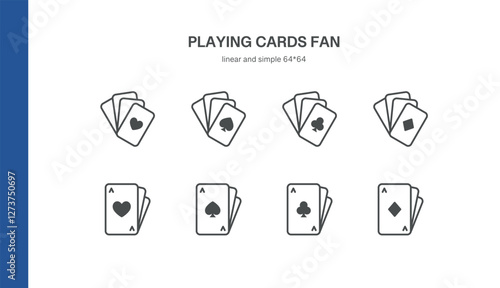 Playing Cards Fan Icons. Set of 8 minimal linear icons featuring fanned card hands, aces, and suits. Perfect for casino, poker, and gambling designs. Vector illustration.