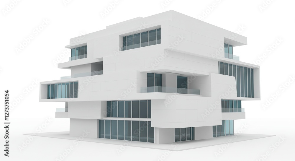 Modern Cubic House 3D Render: Minimalist White Residential Building Design on White Background. Modern Cubic House 3D Render: Minimalist White Residential Building Design on White Background.