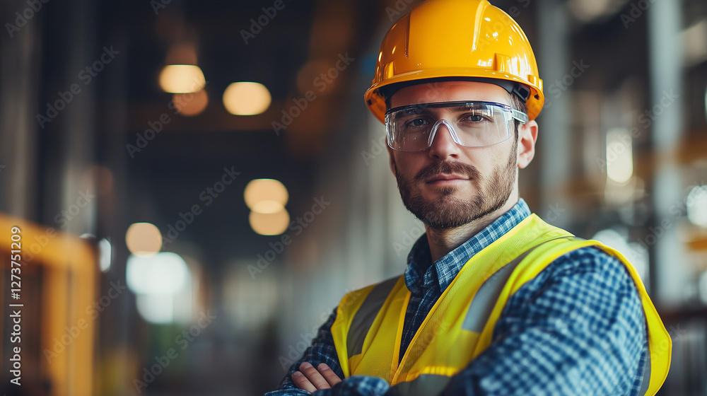 Engineer in safety gear with a confident expression, head and shoulders shot in soft studio lighting, with a blurred industrial background. Engineer in safety gear with a confident expression, head and shoulders shot in soft studio lighting, with a blurred industrial background.