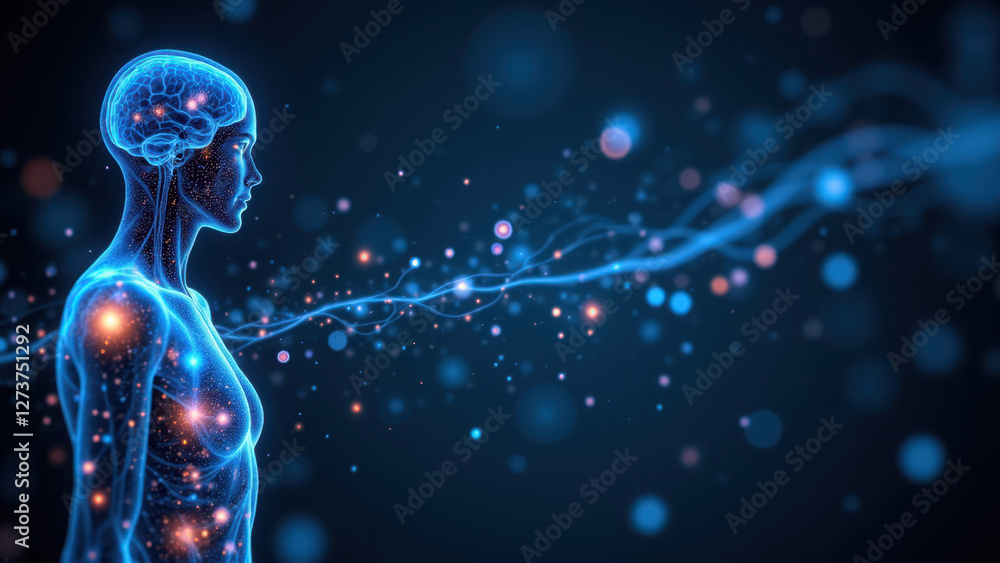 Illustration of a human body with highlighted VNS (Vagus Nerve Stimulation) system, emphasizing its intricate network and connection to the brain. Illustration of a human body with highlighted VNS (Vagus Nerve Stimulation) system, emphasizing its intricate network and connection to the brain.