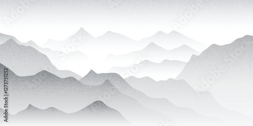 Mountain ranges in the morning haze, black and white landscape, noisy stippled grainy texture, gradient