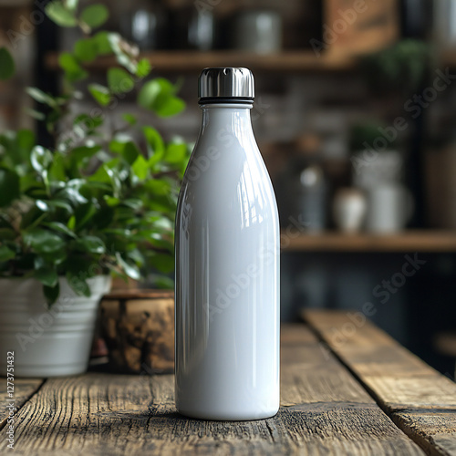 A mockup of a customizable water bottle with a logo design, displayed on a wooden desk