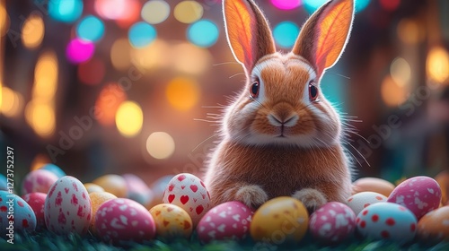 Wallpaper Mural A cute rabbit surrounded by colorful Easter eggs creates a festive and cheerful atmosphere against a background of bright light Torontodigital.ca