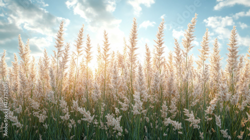 serene landscape featuring tall grass swaying gently in sunlight