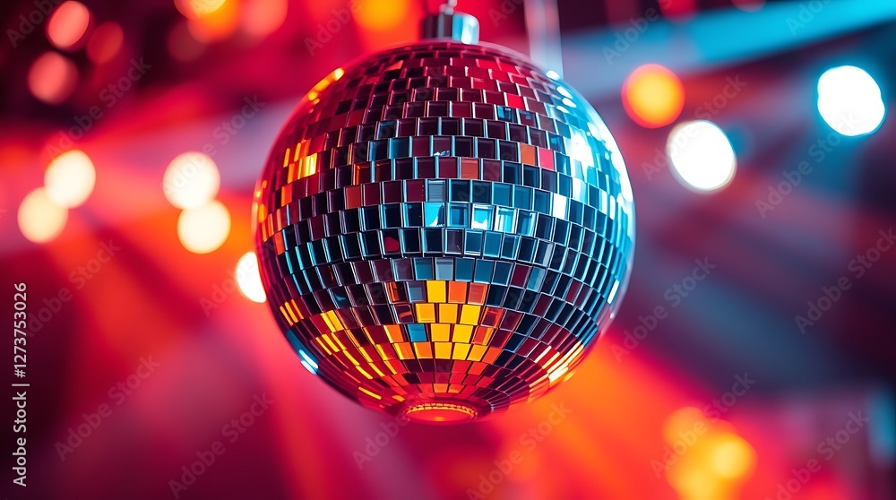 Fototapeta premium Stunning Colorful Disco Ball with Volumetric Lighting Creating an Electrifying Party Atmosphere