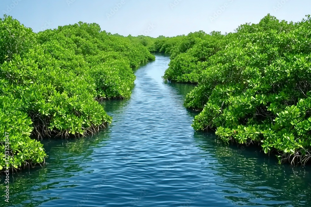 Lush green mangroves framing a serene waterway under a clear blue sky. Lush green mangroves framing a serene waterway under a clear blue sky.