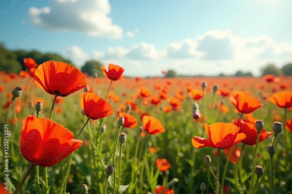 Wide shot of the wild poppy field in full bloom, sunny, spring Wide shot of the wild poppy field in full bloom, sunny, spring