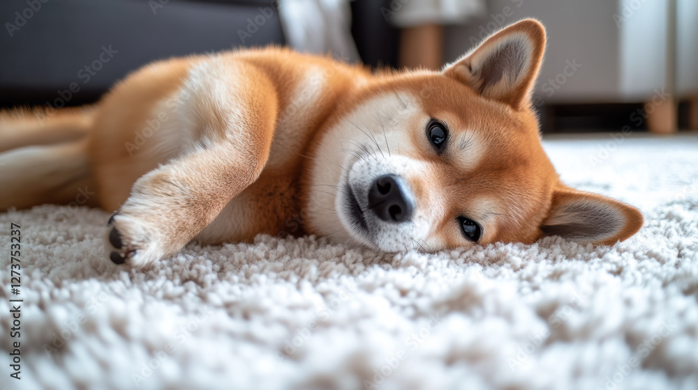Obraz premium リビングで寝転ぶ可愛い柴犬