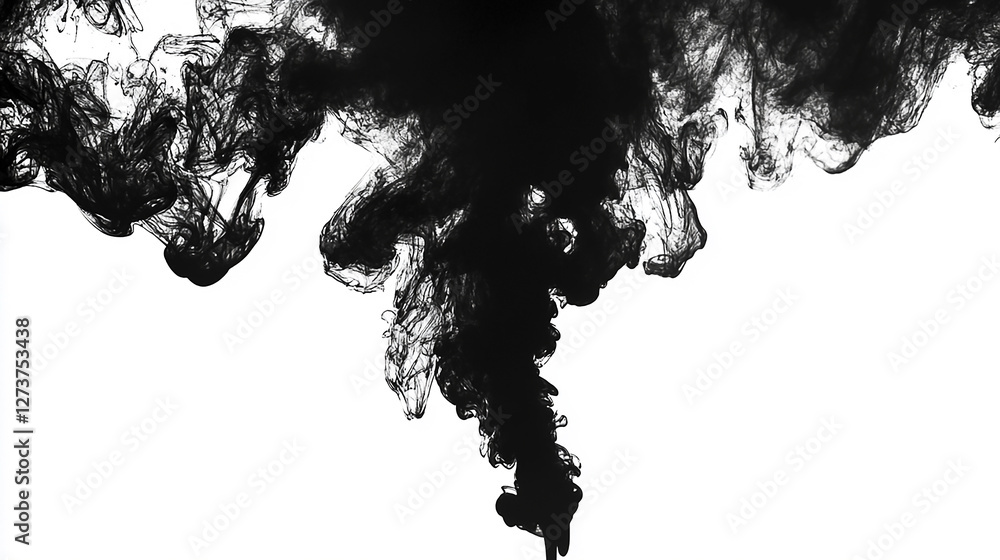 Obraz premium Black ink swirling in water, creating abstract patterns against a white background, ideal for artistic designs