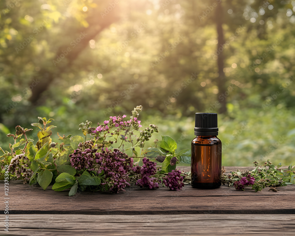 Aromatic essential oil bottle surrounded by fresh herbs in nature Aromatic essential oil bottle surrounded by fresh herbs in nature