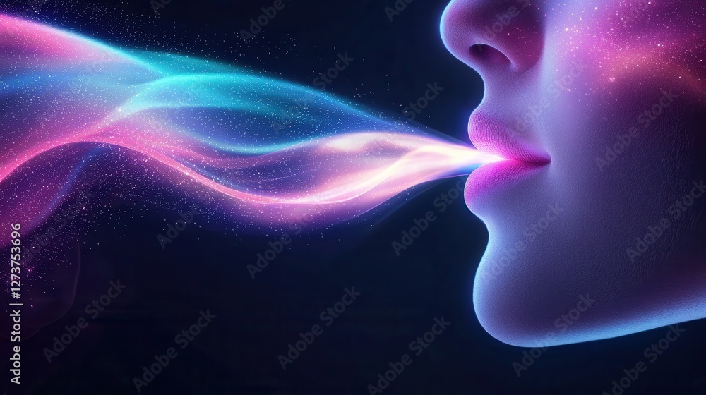 Close up profile view of a woman's face, particles of pink, blue, and purple light emanating from her mouth, dark background, digital art. Close up profile view of a woman's face, particles of pink, blue, and purple light emanating from her mouth, dark background, digital art.