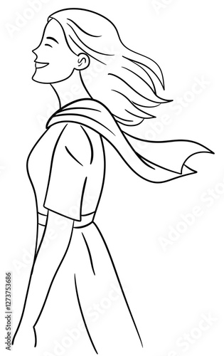 vector line illustration of a smiling woman with a cape