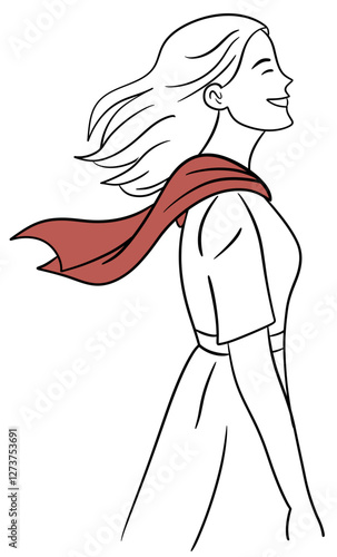 vector line illustration of a smiling woman with a cape