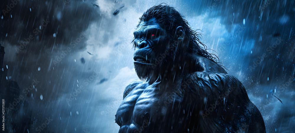 Obraz premium A detailed and realistic depiction of a kingkong character standing in the pouring rain, ai generative