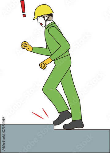 現場作業の危険な場面。作業員が段差に躓き転倒しそうなイラスト