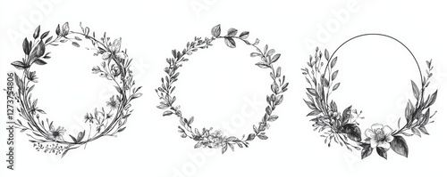 Decorative round floral frames made of blooming flowers, hand drawn with contour lines on a white background. Vintage laurel wreaths collection. Set of circular natural design elements. Modern