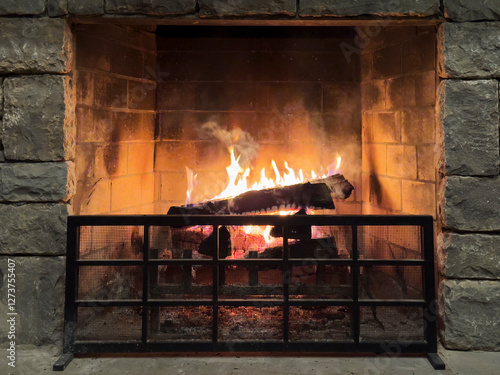 Wood burning in old stone fireplace photo