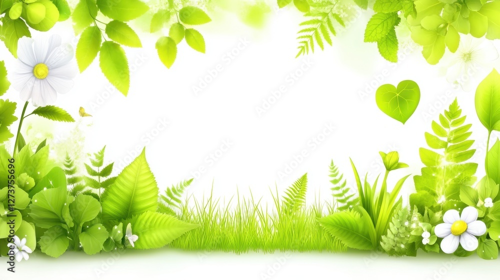 Floral Frame with Green Leaves Ferns and White Daisies on White Background Floral Frame with Green Leaves Ferns and White Daisies on White Background