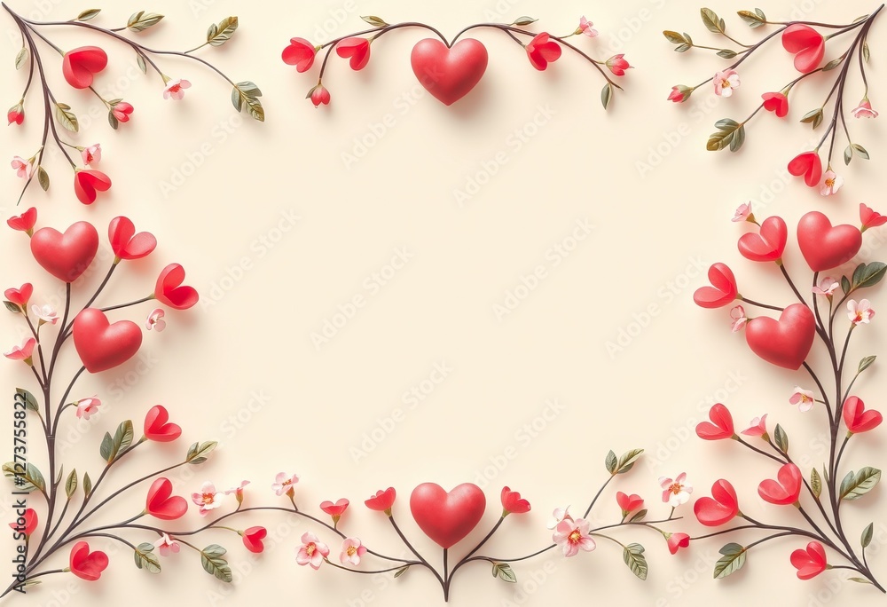 Red hearts and blossoms create a lovely frame Red hearts and blossoms create a lovely frame