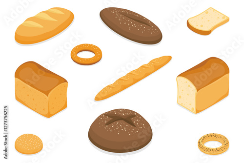 Set of  bread illustrations: rye, wheat, whole grain, sliced bread, bagel, french baguette, bun. Isometric flat vector isolated on white background