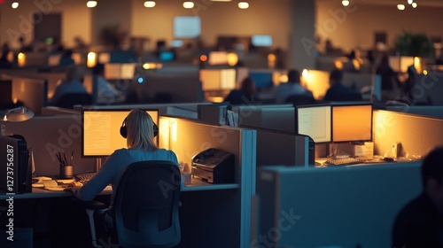 Night shift call center employees work in cubicles. AI generated