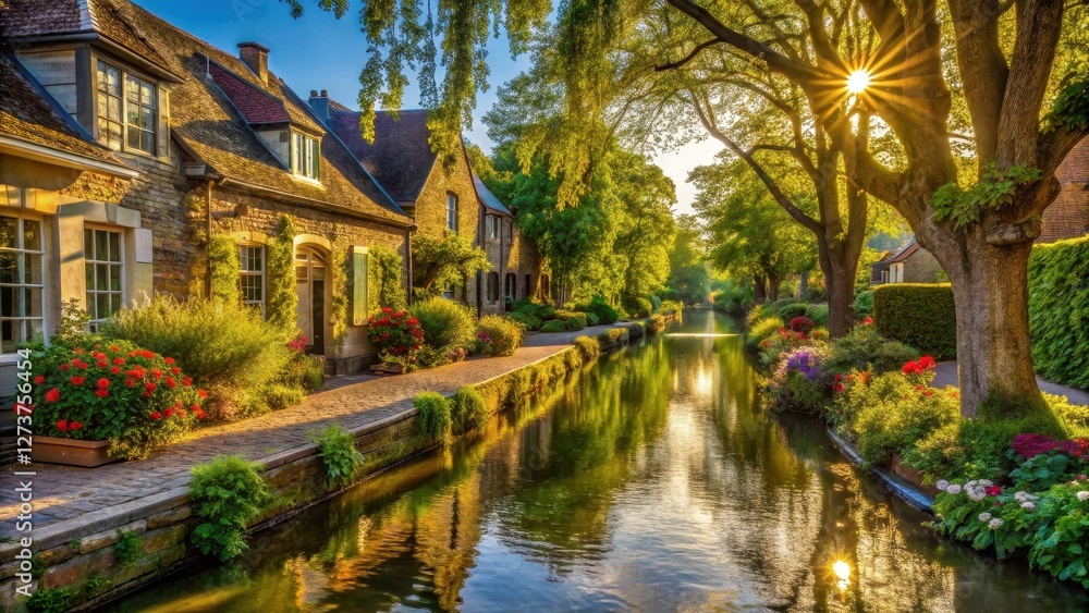 Idyllic Canal-Side Village at Dawn Picturesque Stone Houses, Lush Gardens, and Golden Sunlight Reflecting on Tranquil Waters Idyllic Canal-Side Village at Dawn Picturesque Stone Houses, Lush Gardens, and Golden Sunlight Reflecting on Tranquil Waters