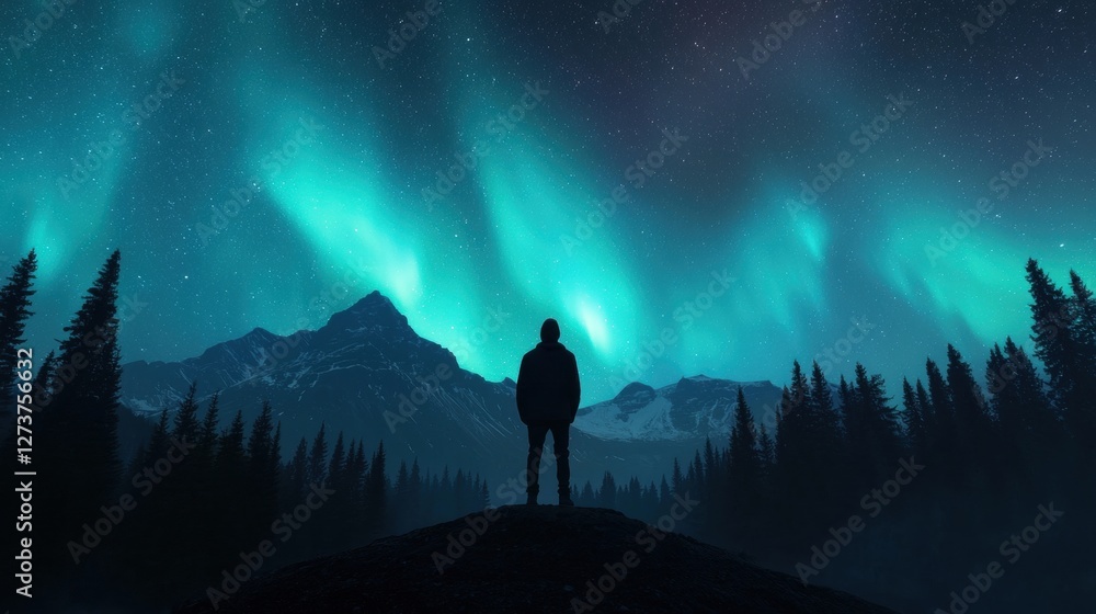 Fototapeta premium Breathtaking Aurora Borealis Over Majestic Mountains with Silhouette of a Person in a Serene Night Landscape