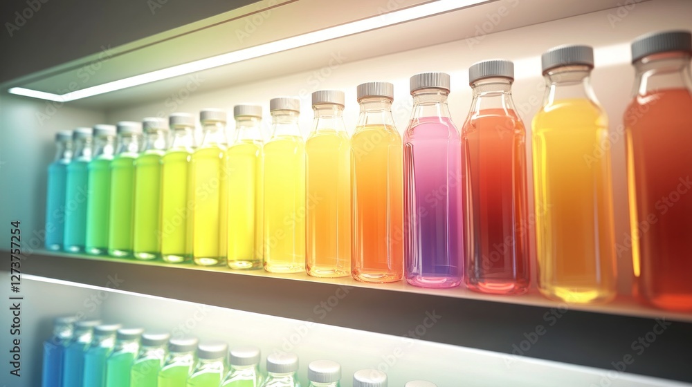 A vibrant display of colorful bottled drinks arranged on a shelf. A vibrant display of colorful bottled drinks arranged on a shelf.