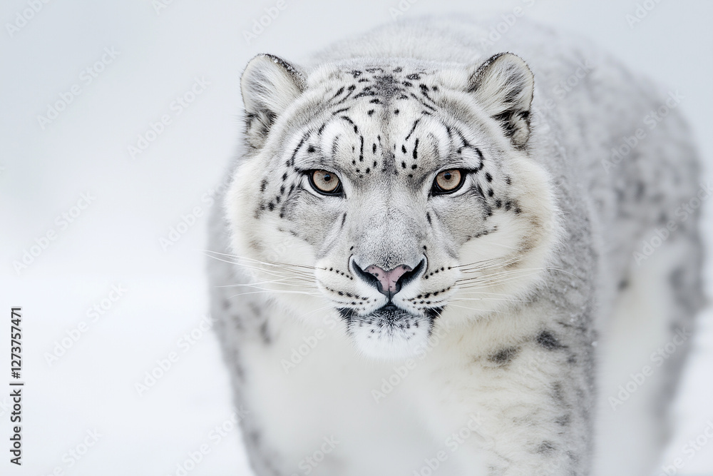 A stunning close-up of a snow leopard walking through a snowy landscape, showcasing its piercing eyes and thick, spotted fur. A stunning close-up of a snow leopard walking through a snowy landscape, showcasing its piercing eyes and thick, spotted fur.