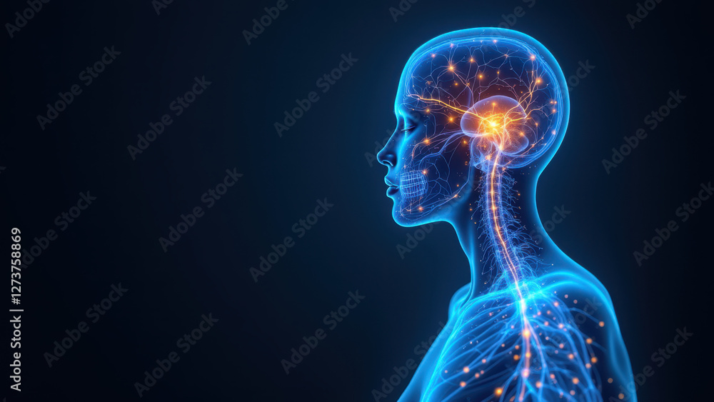 Illustration of human brain with highlighted VNS, representing vagus nerve stimulation. Illustration of human brain with highlighted VNS, representing vagus nerve stimulation.