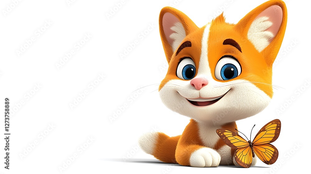 Animated kitten smiles at butterfly on white. Use for children?s stories or educational media Animated kitten smiles at butterfly on white. Use for children?s stories or educational media