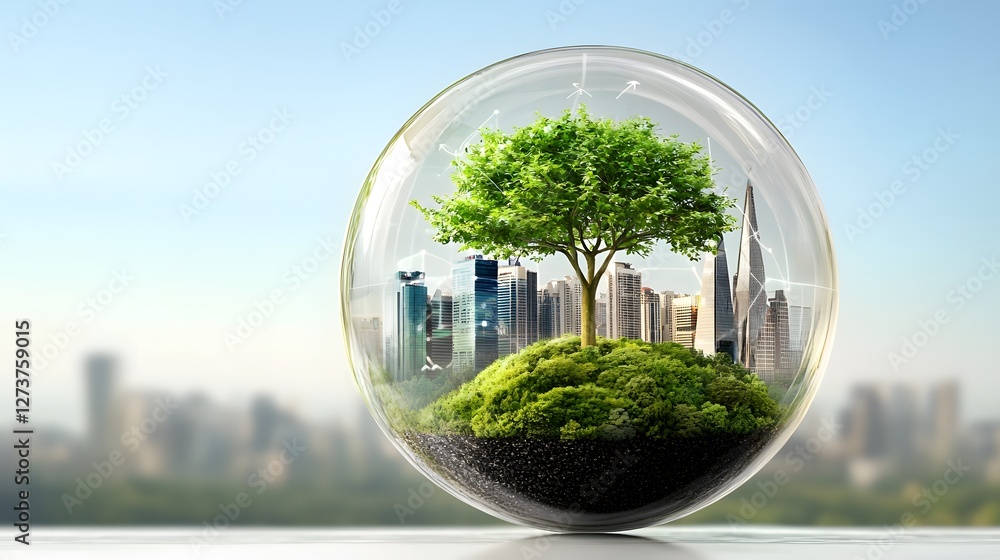 Eco Friendly Business Strategies and Carbon Emissions Tracking System Concept with Futuristic Cityscape and Sustainable Globe Enclosure