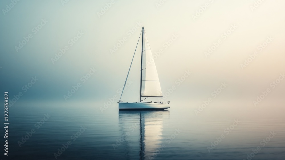 A serene sailboat anchored in calm waters, surrounded by misty atmosphere. A serene sailboat anchored in calm waters, surrounded by misty atmosphere.