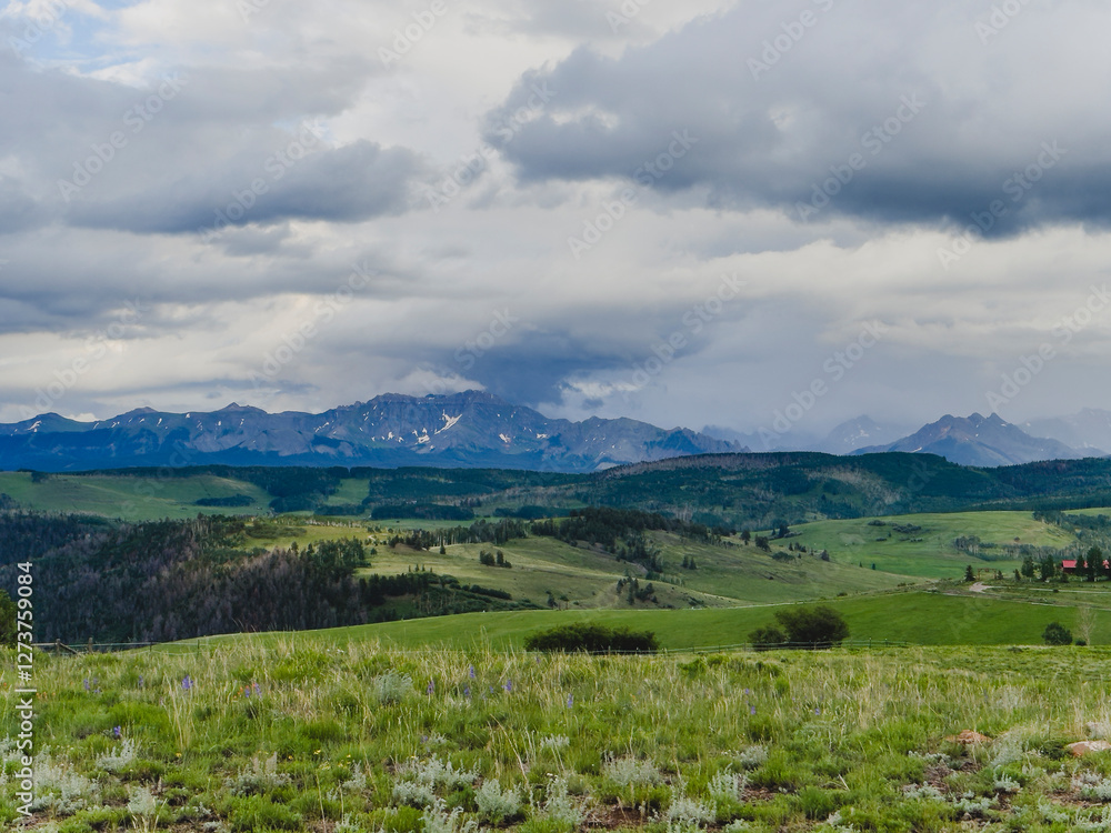 Clouds above grassy meadow and San Juan Mountains Clouds above grassy meadow and San Juan Mountains