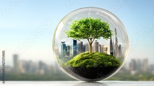Obraz na płótnie Eco Friendly Business Strategies and Carbon Emissions Tracking System Concept with Futuristic Cityscape and Sustainable Globe Enclosure w salonie