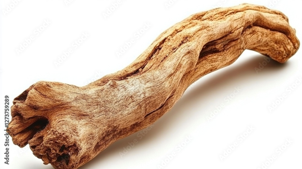 Close Up of Weathered Light Brown Driftwood Branch on a Clean White Background