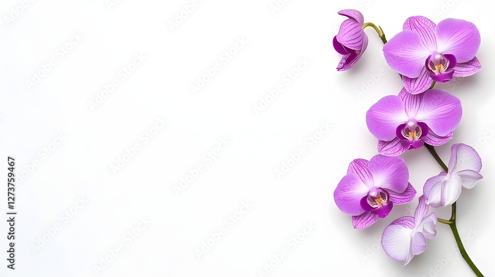 Obraz premium Elegant and Delicate Purple and White Orchid Stem Portrayed in a Minimalist Composition Against a Simple White Background